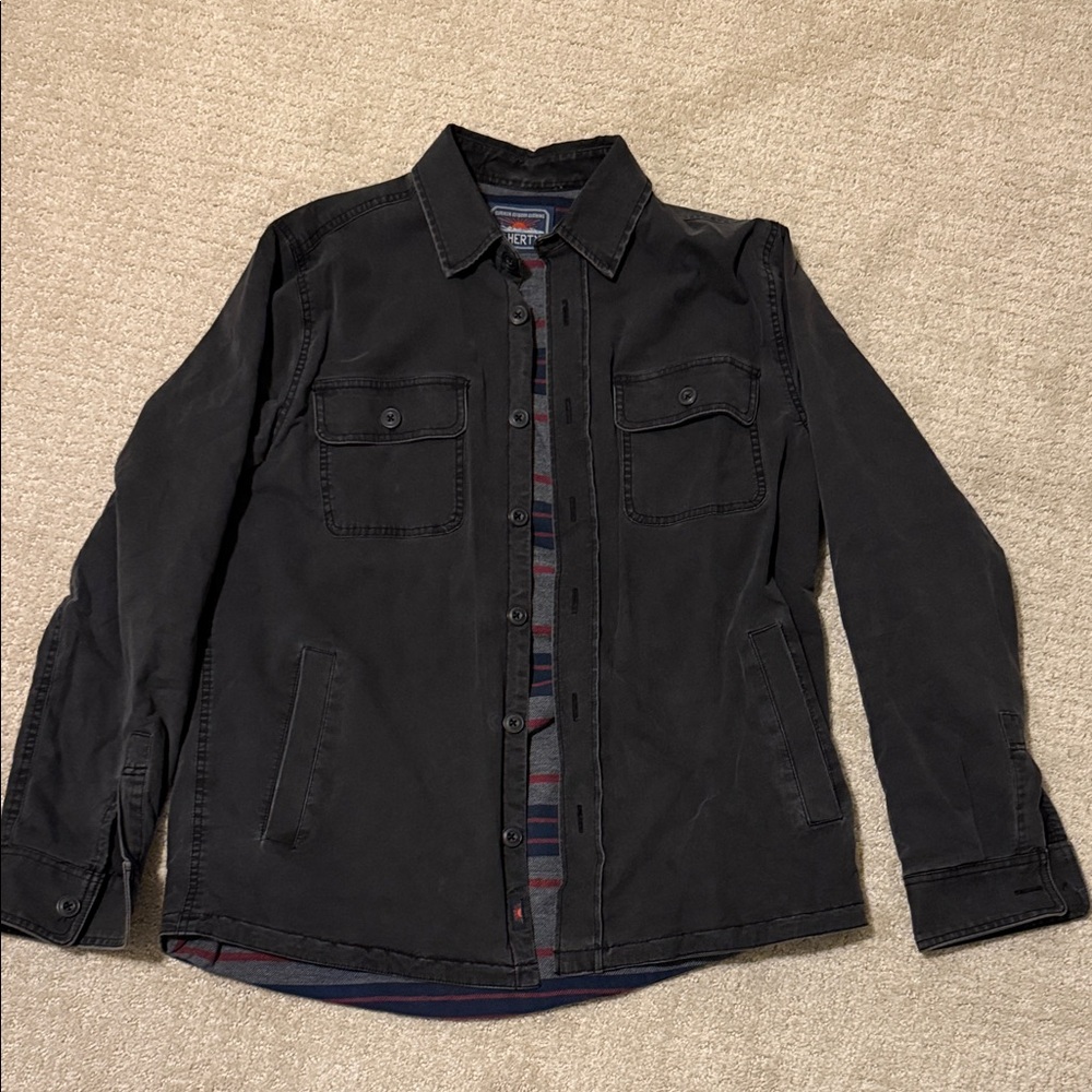 Faherty Black Jacket with Red and Blue Striped Lining